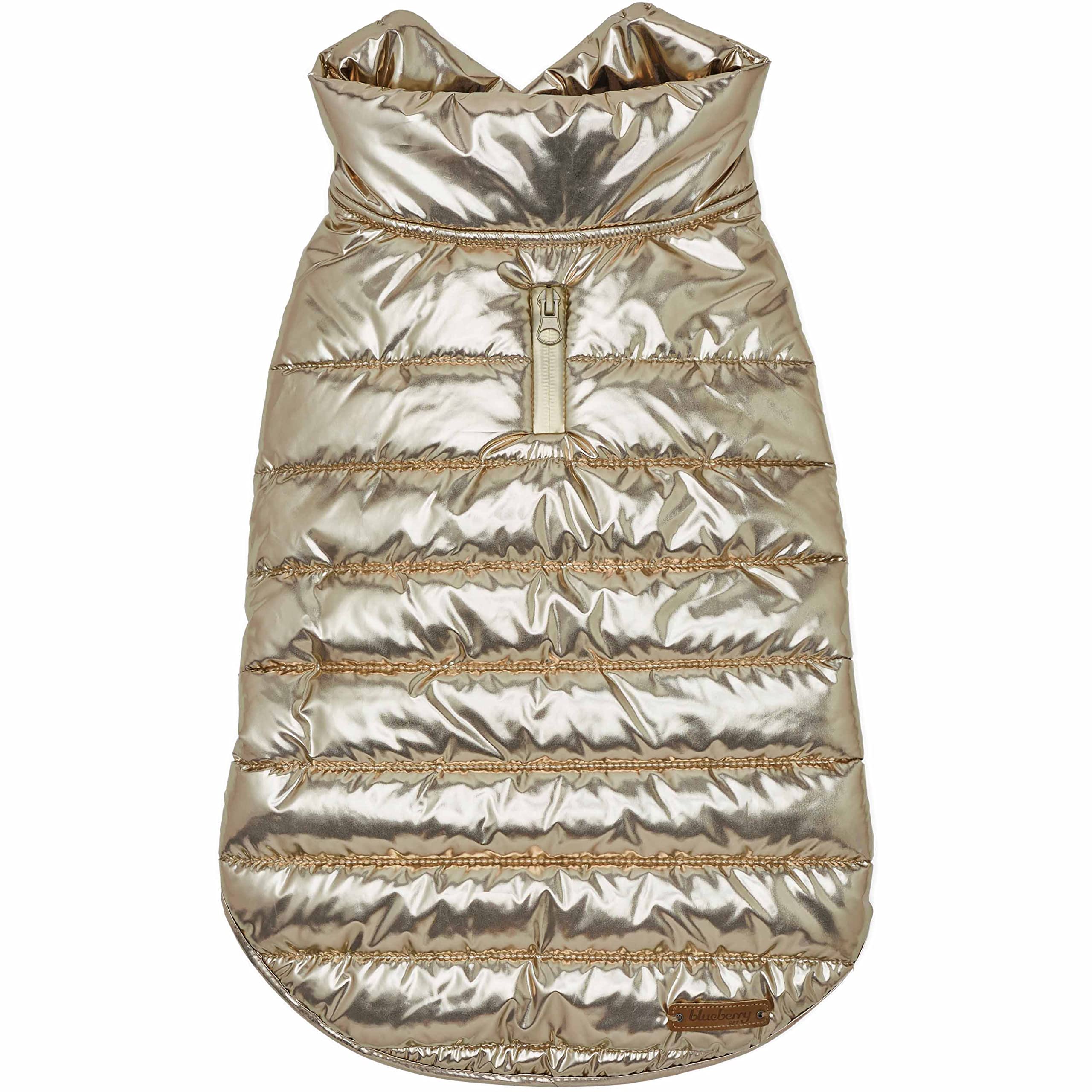Blueberry Pet cozy windproof quilted dog jacket in gold worn by small dog