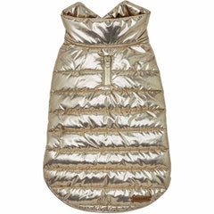 Blueberry Pet cozy windproof quilted dog jacket in gold worn by small dog