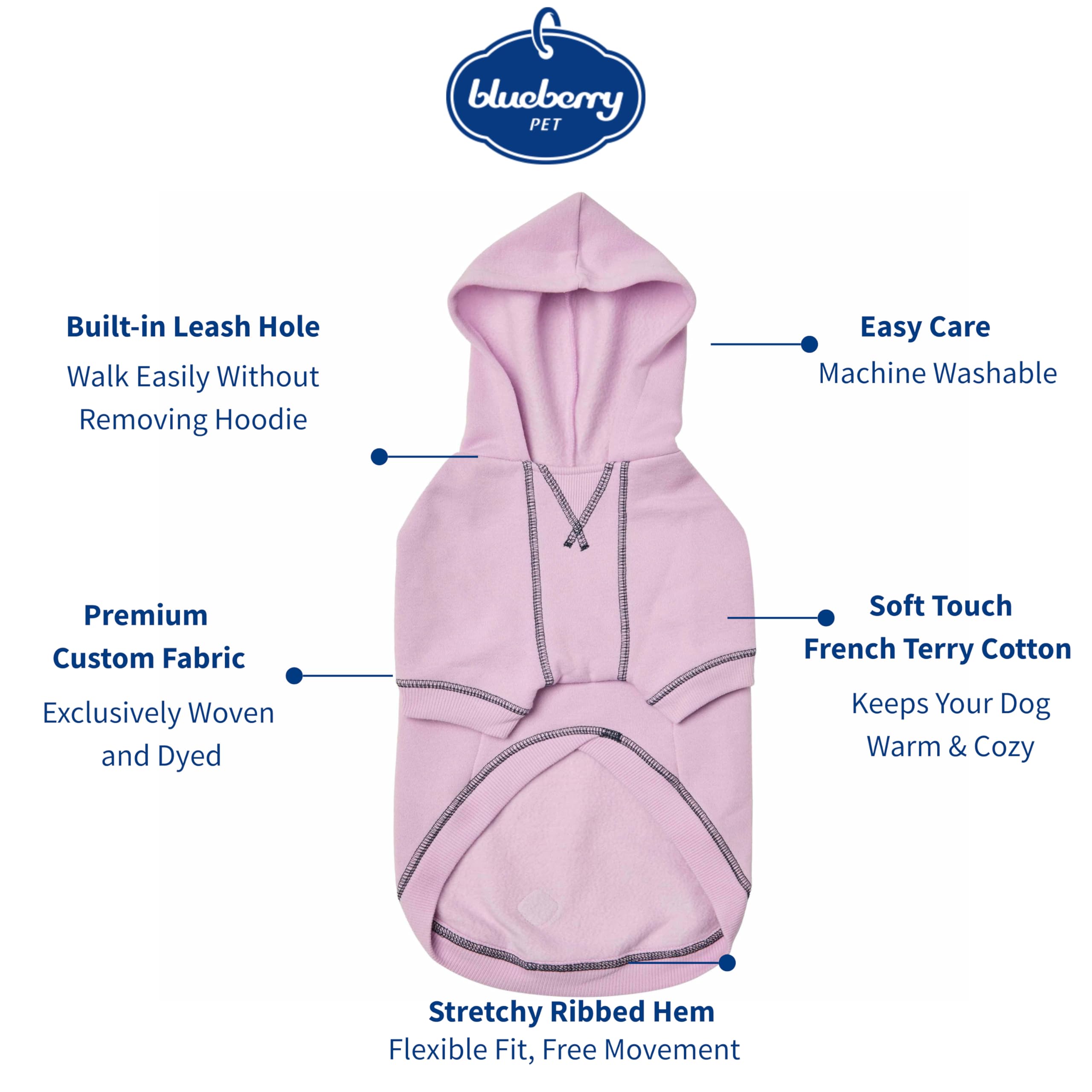 Blueberry Pet Essentials hoodie back view shows 24-inch length and weather-ready design