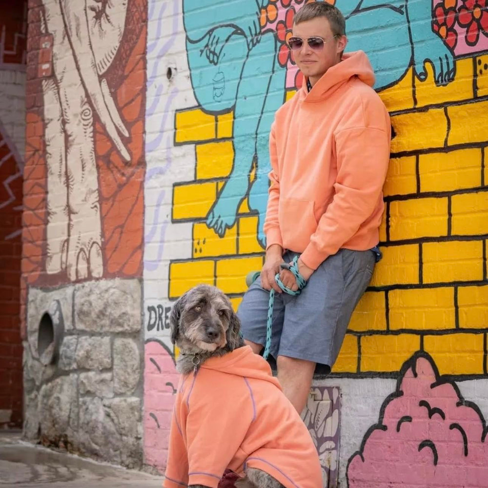 Blueberry Pet Essentials dog hoodie coral closeup shows soft cotton-blend fabric