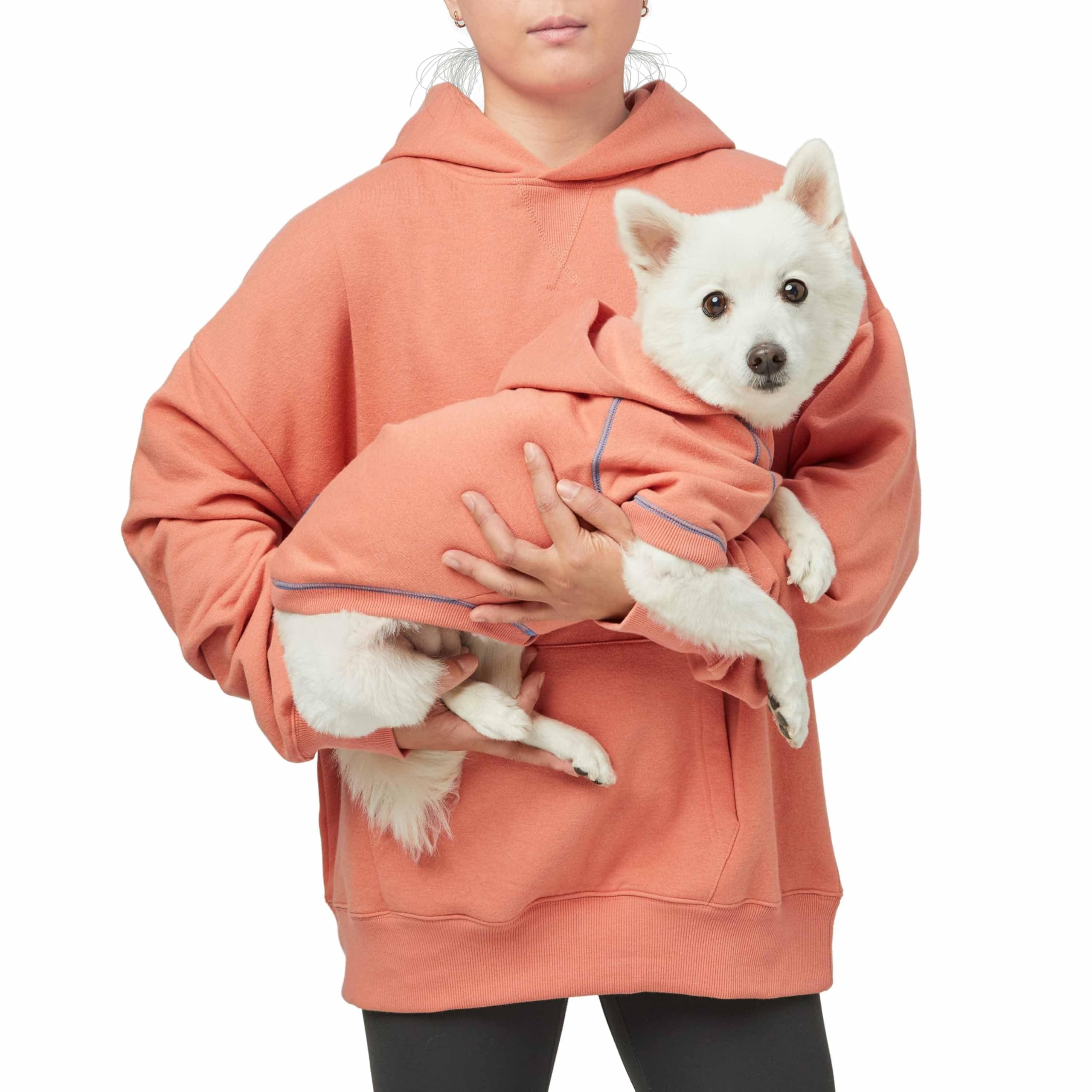 Blueberry Pet Essentials model wearing coral hoodie demonstrates park-ready warmth