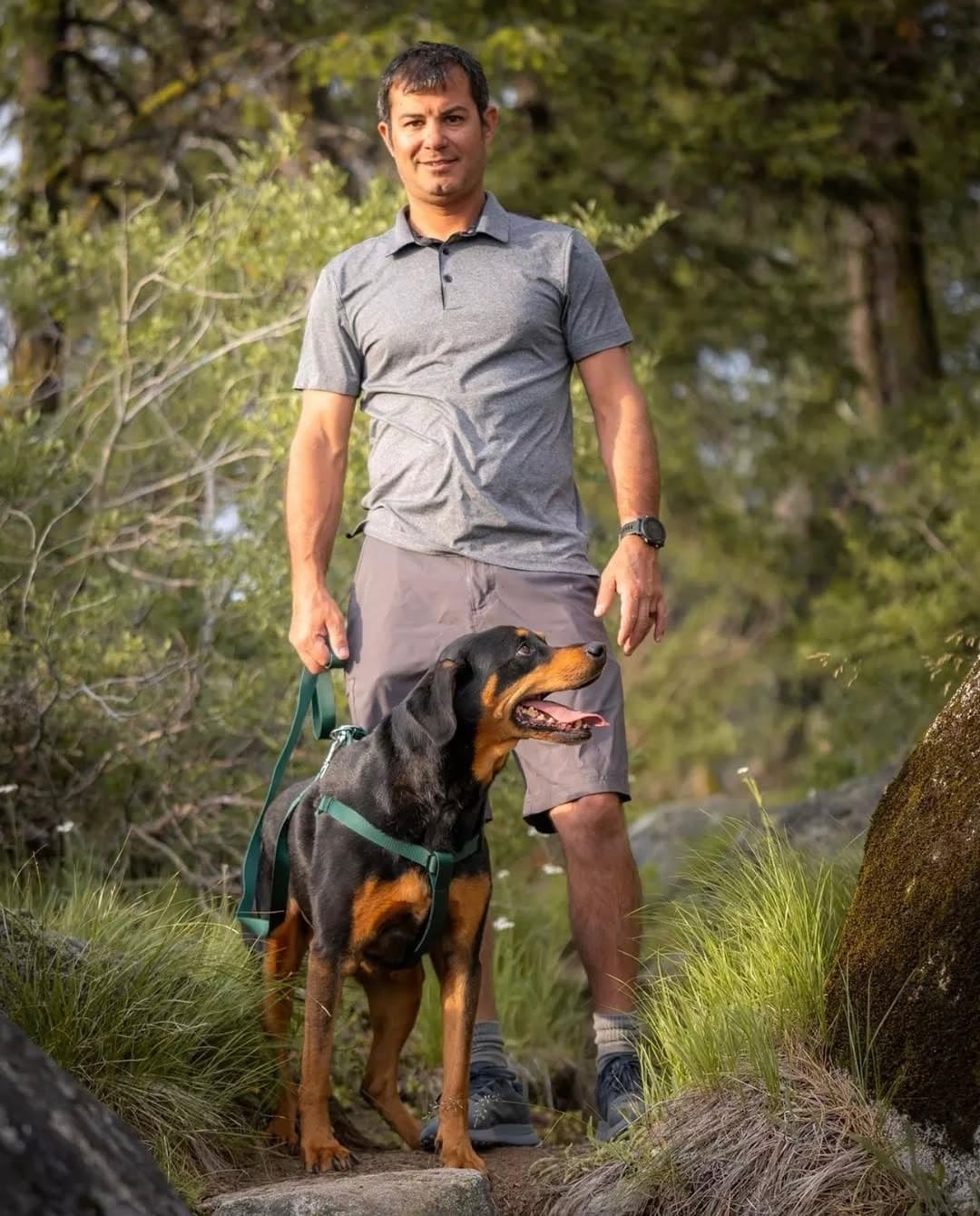 Blueberry Pet Essentials Verdant Green dog wearing the set during a walk for a coordinated look