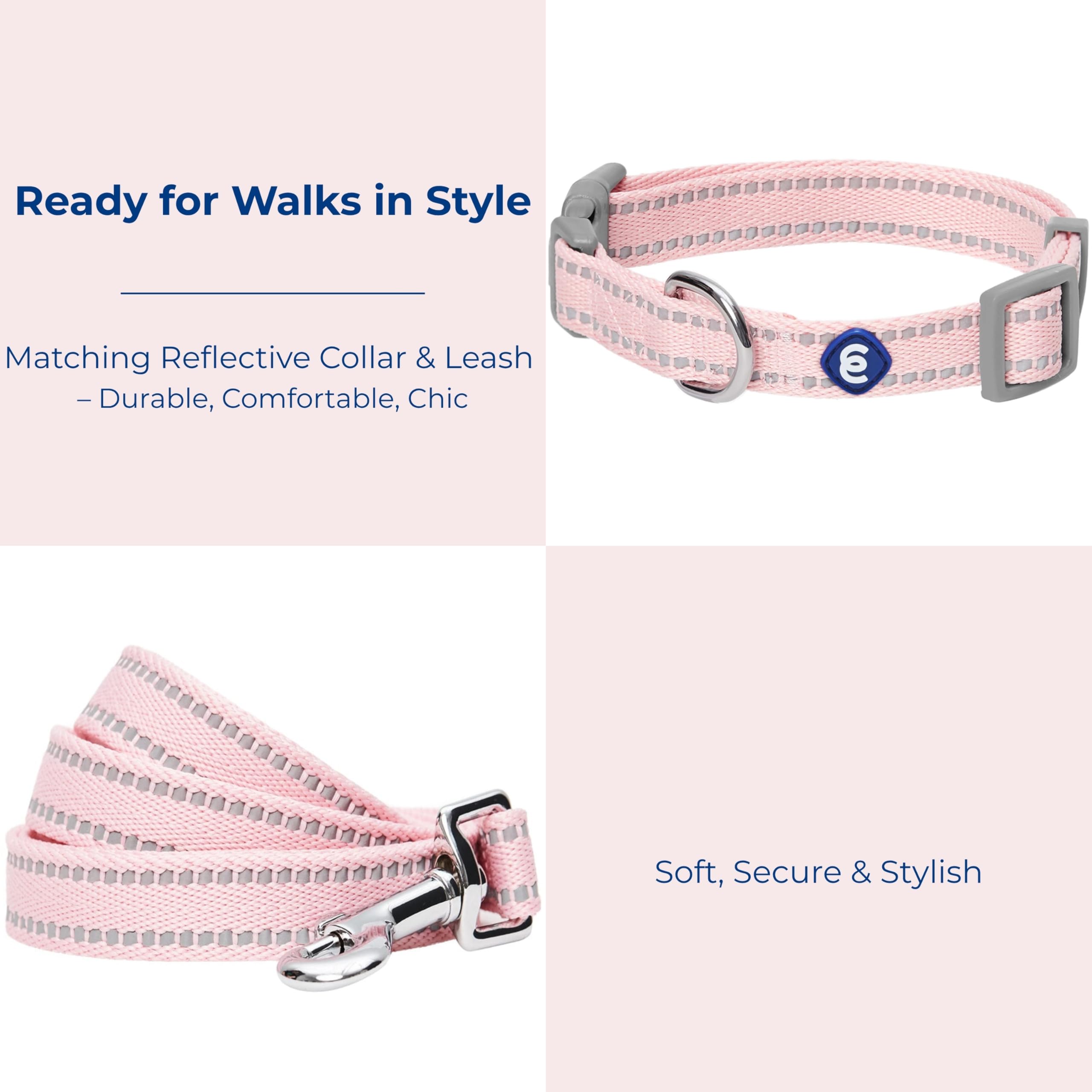 Blueberry Pet Essentials pastel pink reflective collar close-up shows secure buckle and visibility