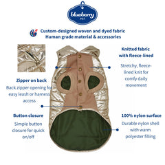 Blueberry Pet jacket with glossy gold finish for stylish cold-day wear