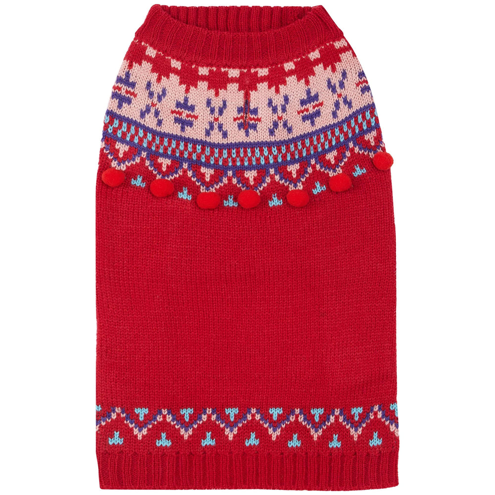 Blueberry Pet Icelandic Lopi Pullover Holiday Red front view highlights cozy knit warmth.