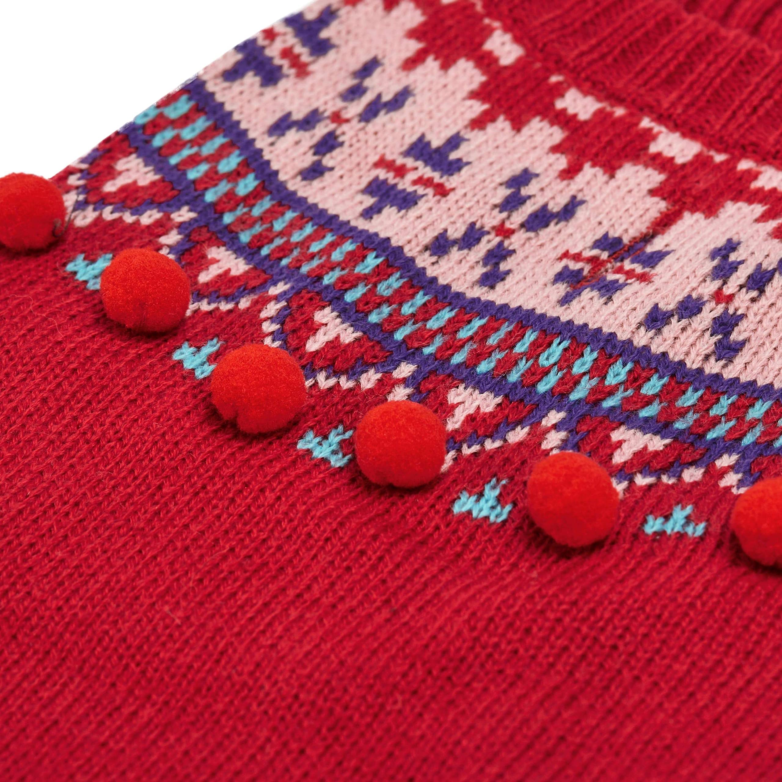 Blueberry Pet Icelandic Lopi Pullover Holiday Red material-closeup shows durable nylon/acrylic mix.
