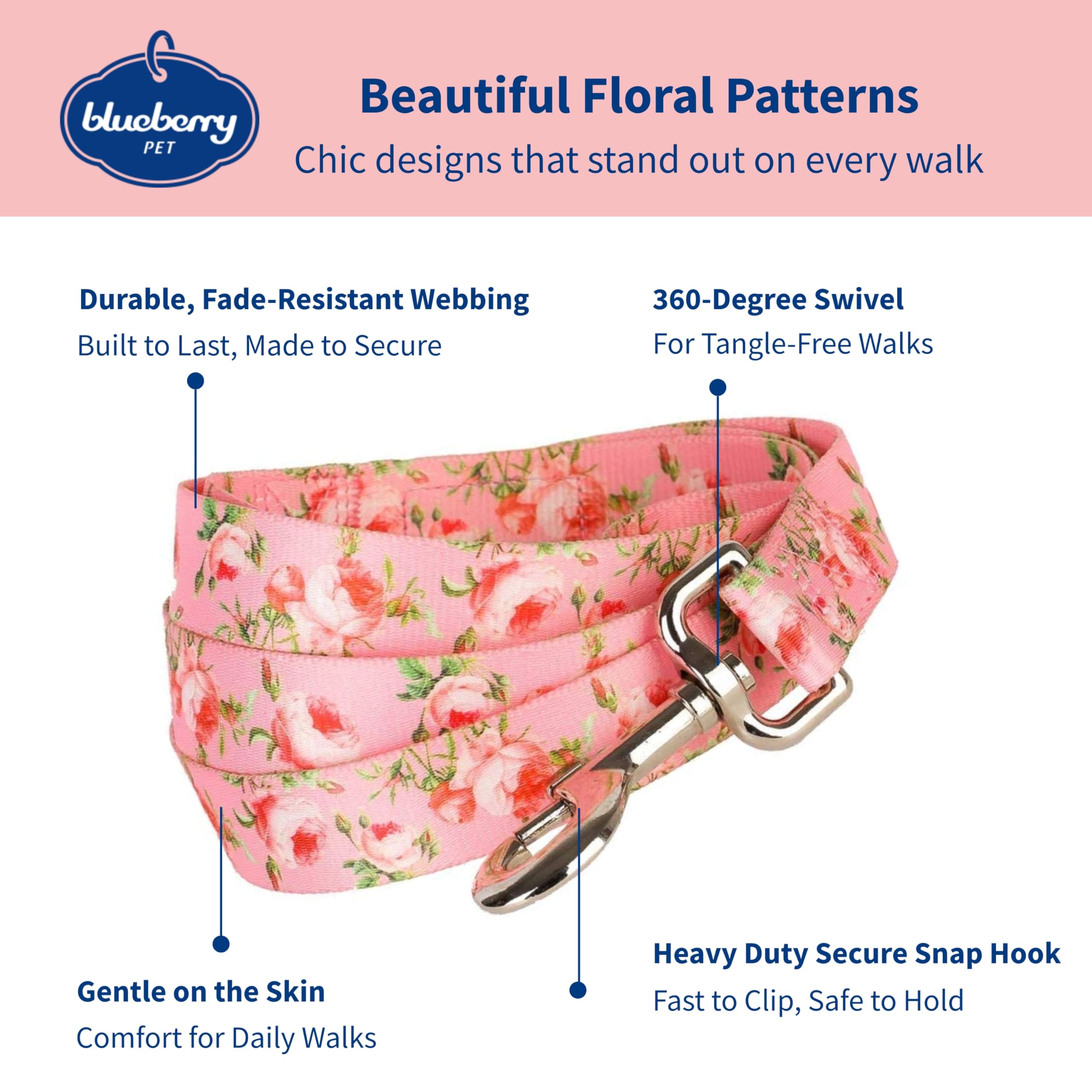 Blueberry Pet floral rose pattern close-up showing pink details for stylish daily walks.