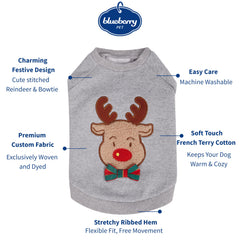 Blueberry Pet reindeer bowtie stitch detail on the sweatshirt for festive durability.