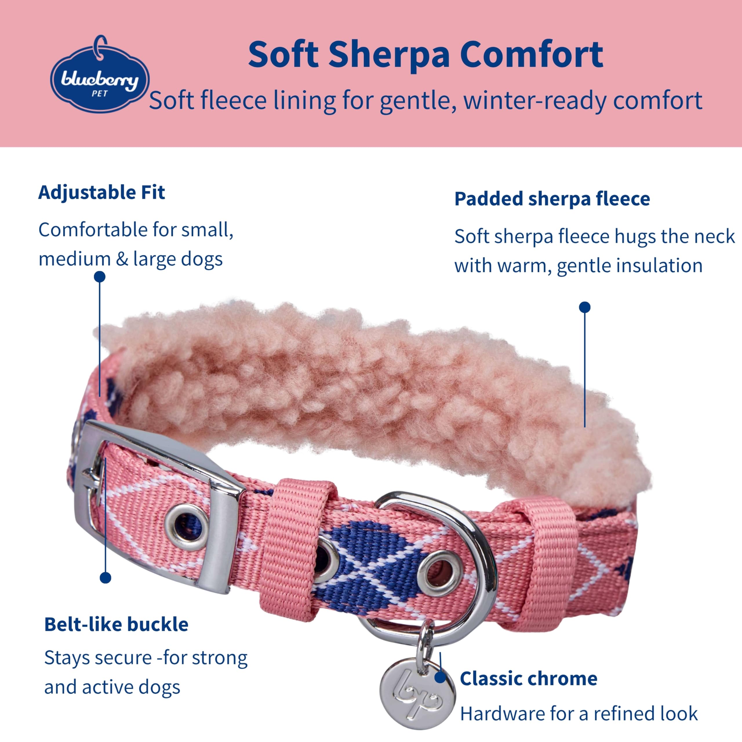 Blueberry Pet sherpa fleece padding adds plush warmth for cozy walks.