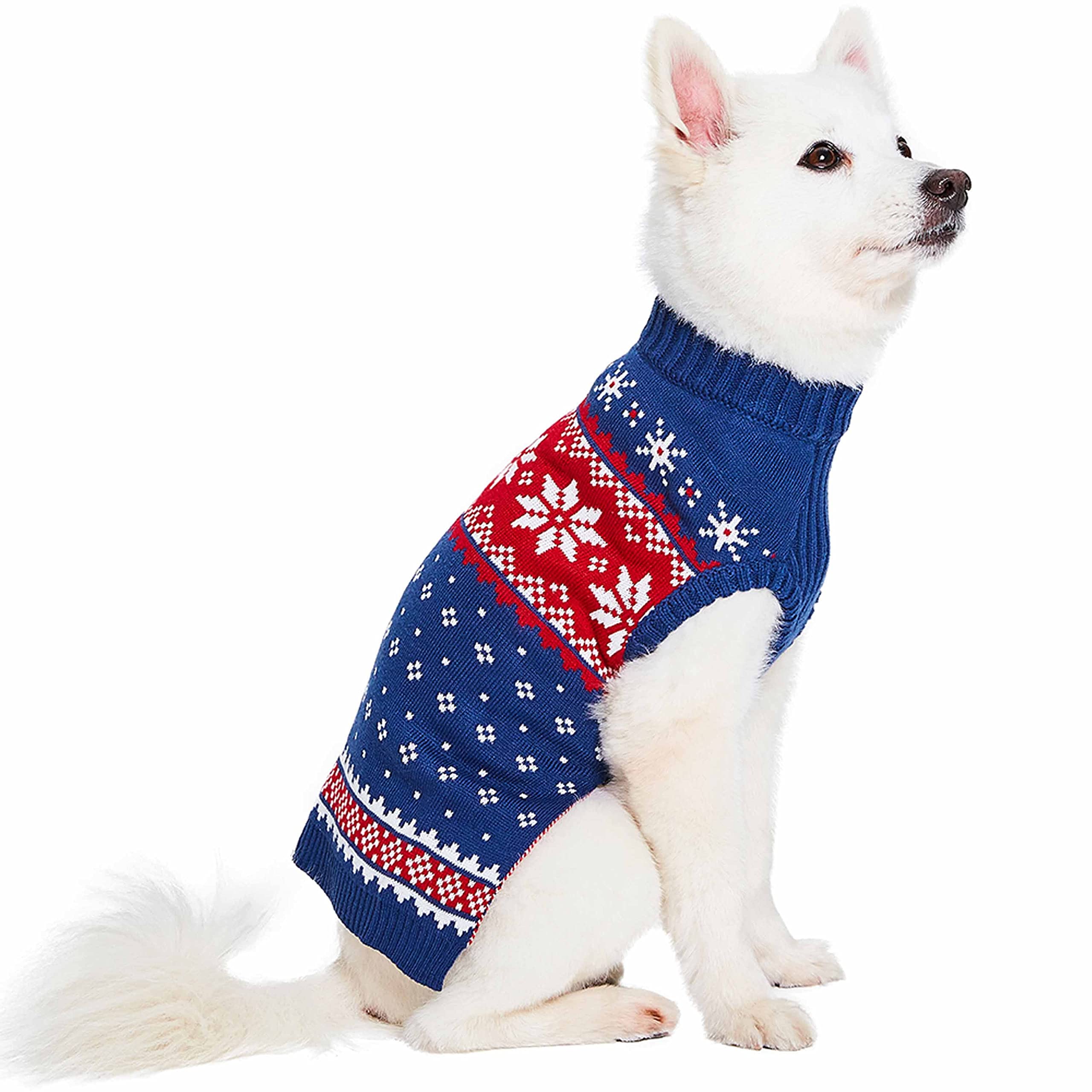 Blueberry Pet snowflake pattern close-up highlights durable acrylic knit for easy care.