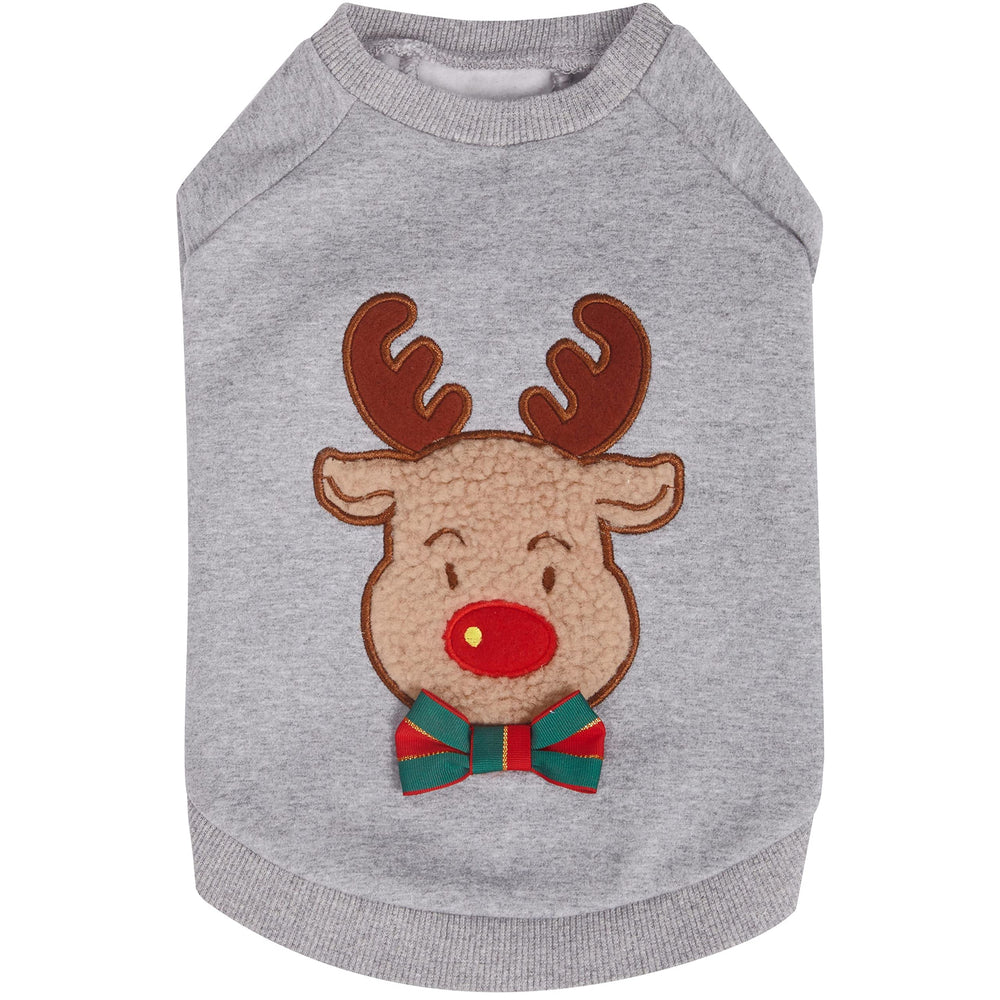 Blueberry Pet front view of the Christmas reindeer sweatshirt, cozy warmth for chilly walks.