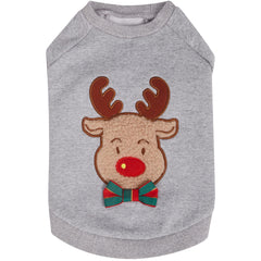 Blueberry Pet front view of the Christmas reindeer sweatshirt, cozy warmth for chilly walks.