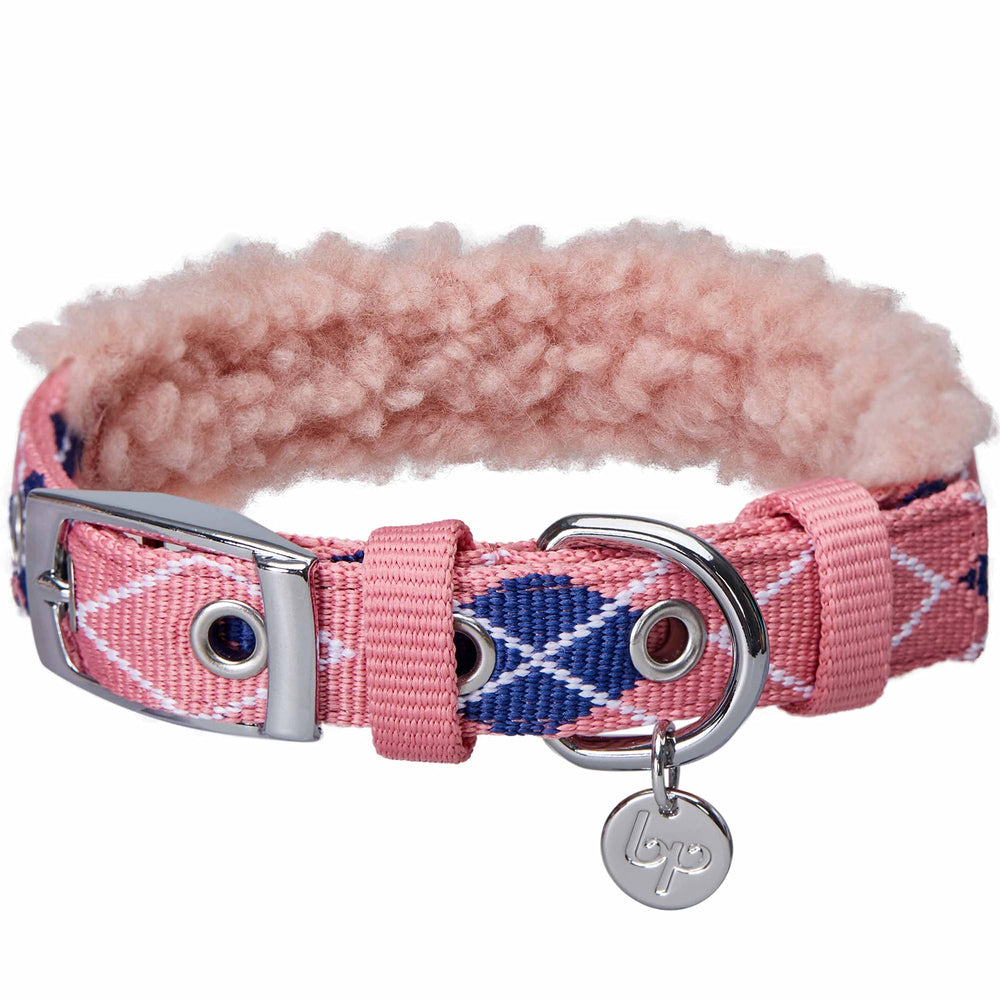 Blueberry Pet soft comfy Scottish argyle dog collar in pink offers all-day comfort.