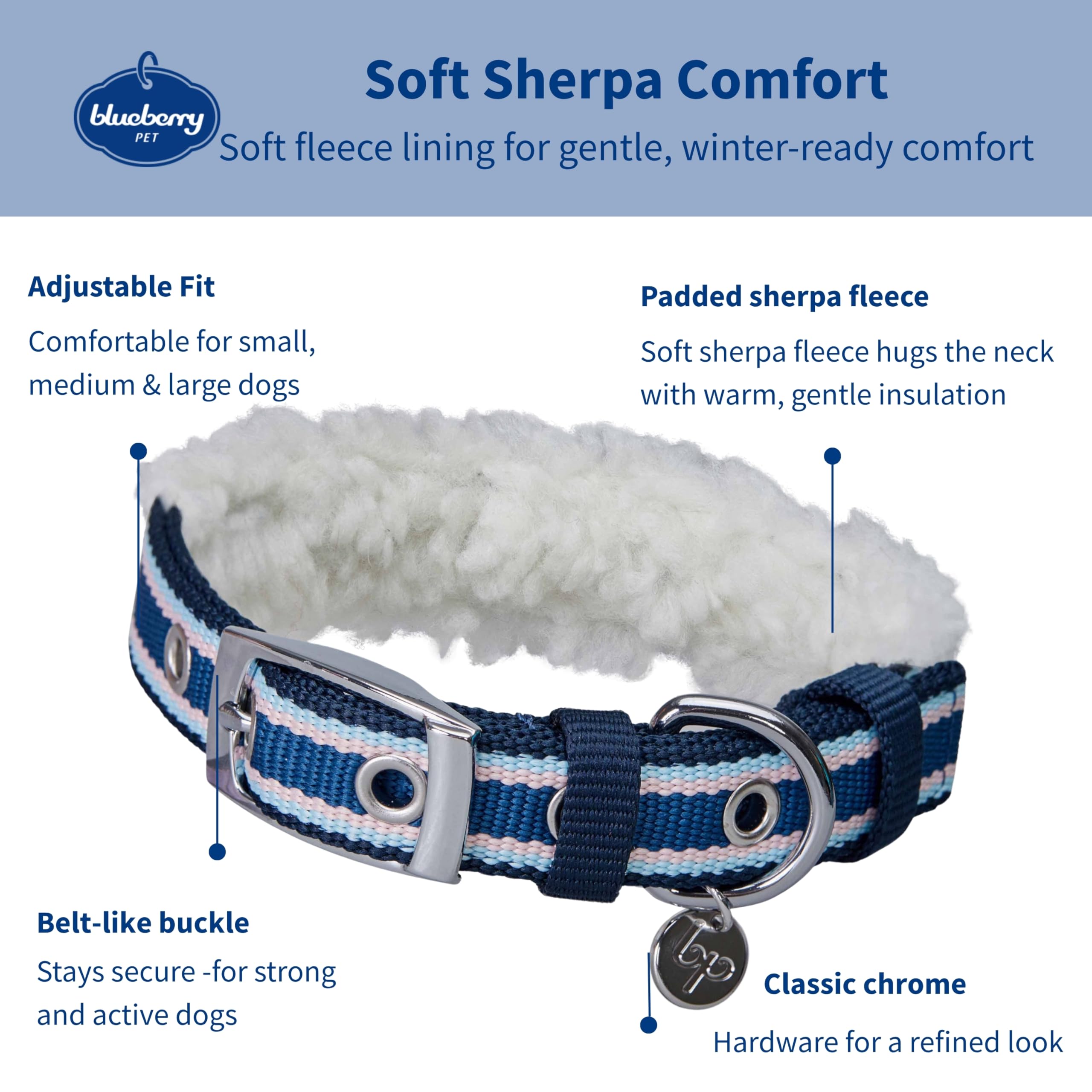 Blueberry Pet stripe collar padding sherpa close-up shows plush neck comfort.