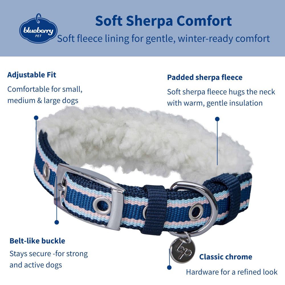 Blueberry Pet stripe collar padding sherpa close-up shows plush neck comfort.