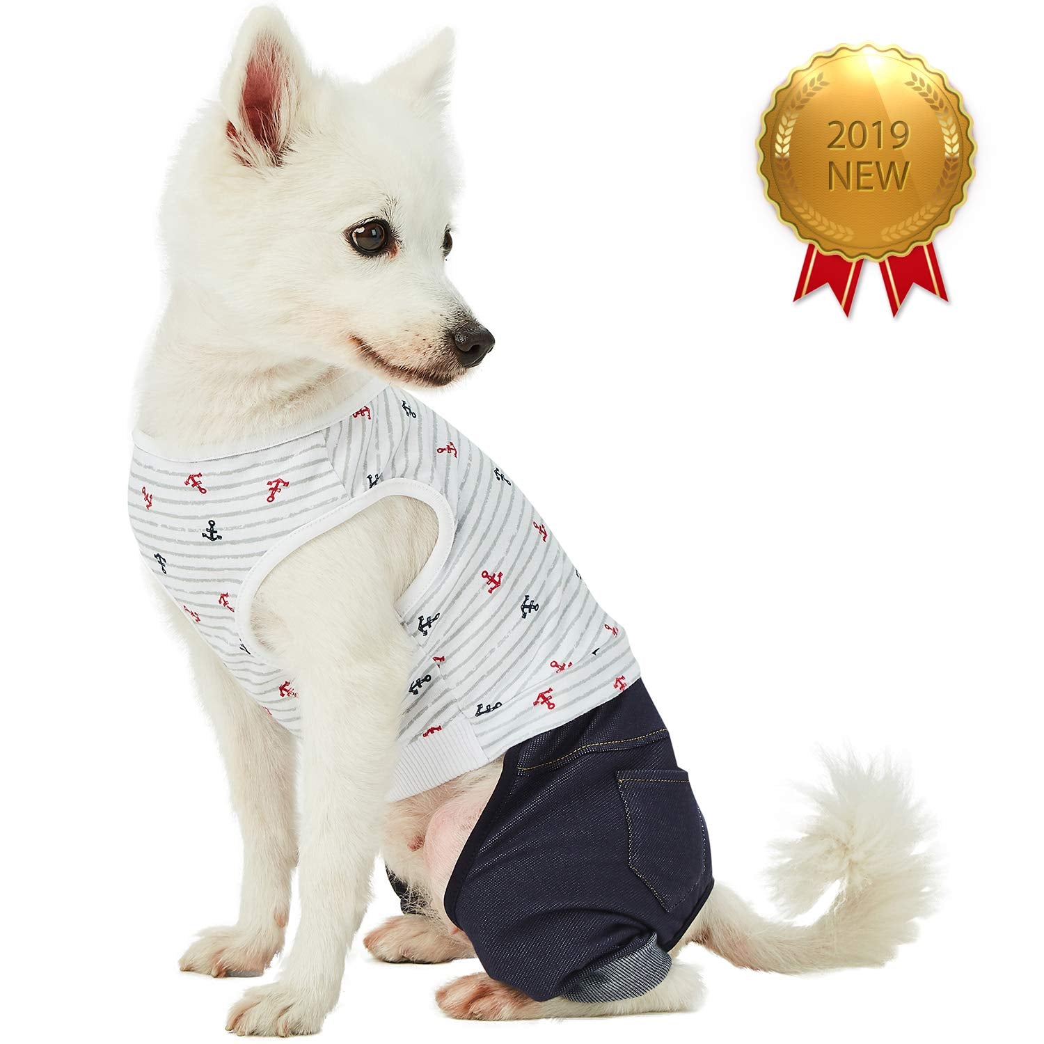 Blueberry Pet Summer Vacation onesie chest-girth-15-17-5 for comfortable movement.