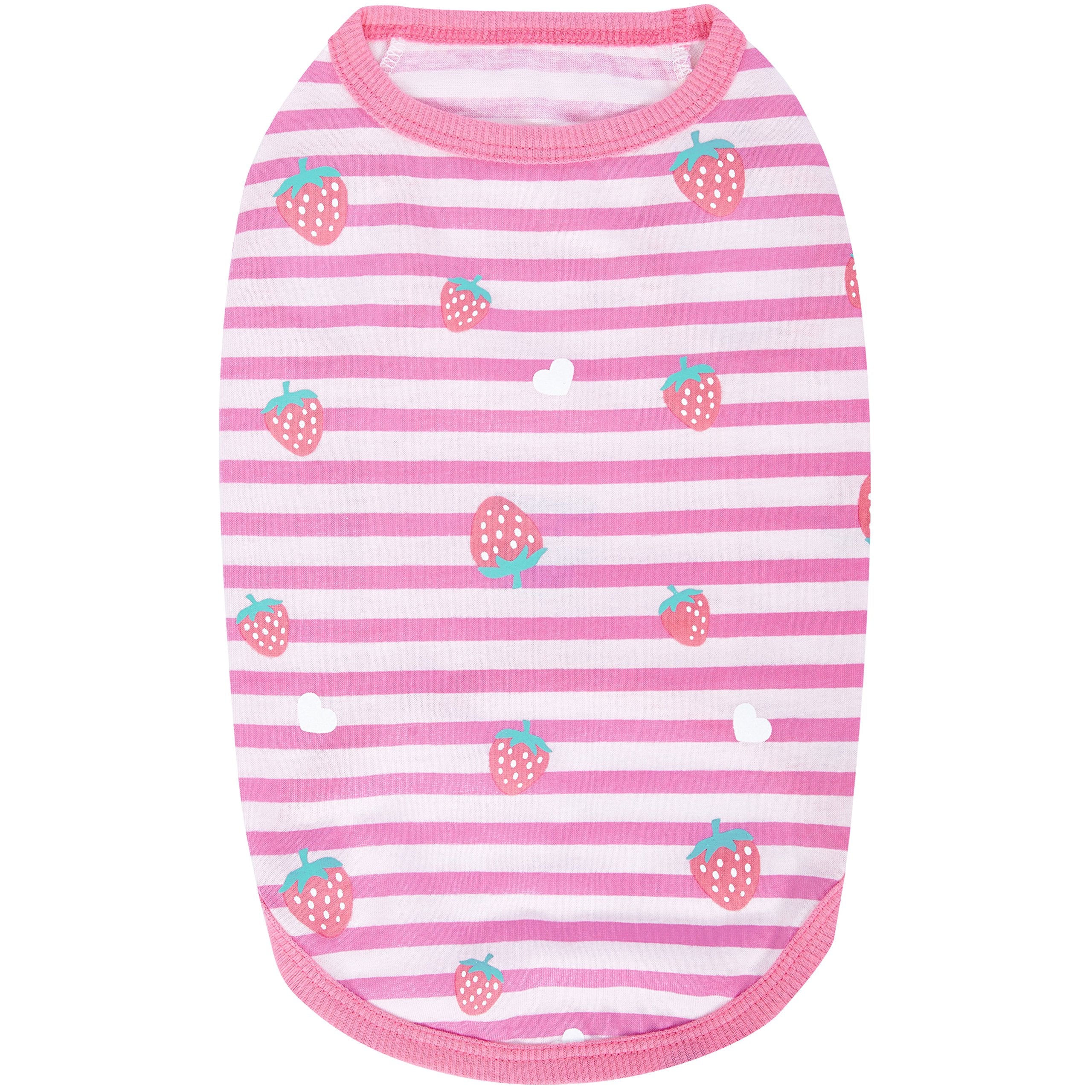 Blueberry Pet Wonderland strawberry graphic dog shirt adds cute charm.