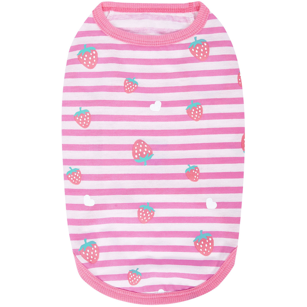 Blueberry Pet Wonderland strawberry graphic dog shirt adds cute charm.