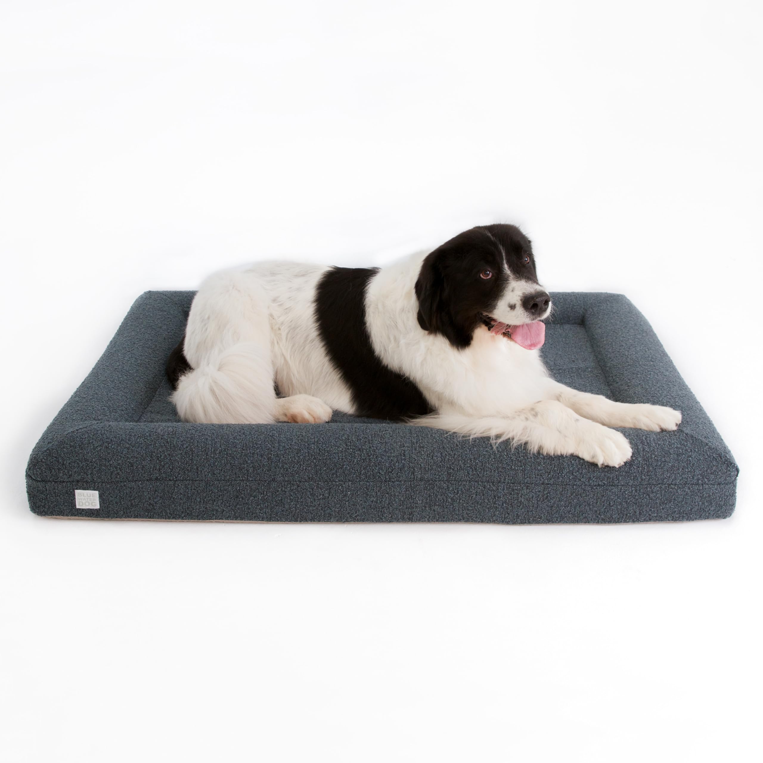 Bluewater Dog luxury boucle orthopedic bed cover showcases stylish Ocean Blue fabric for home comfort.