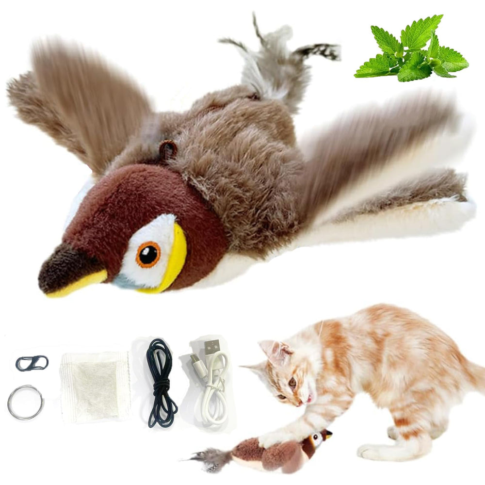 blueypet interactive chirping bird toy with brown wings boosts indoor cat play and hunting instinct.