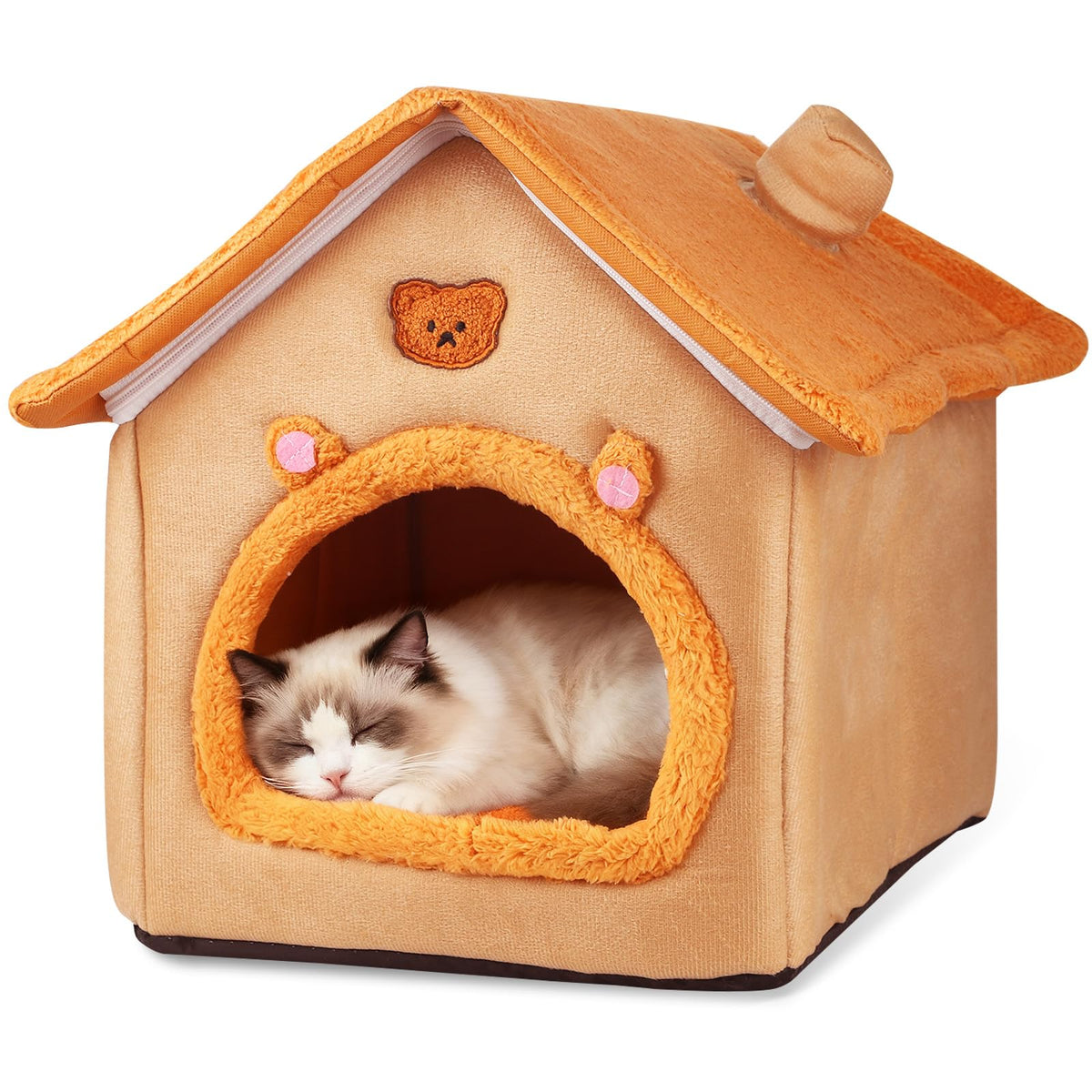 BluGun cat house orange sleeping tent offers cozy privacy for restful naps.