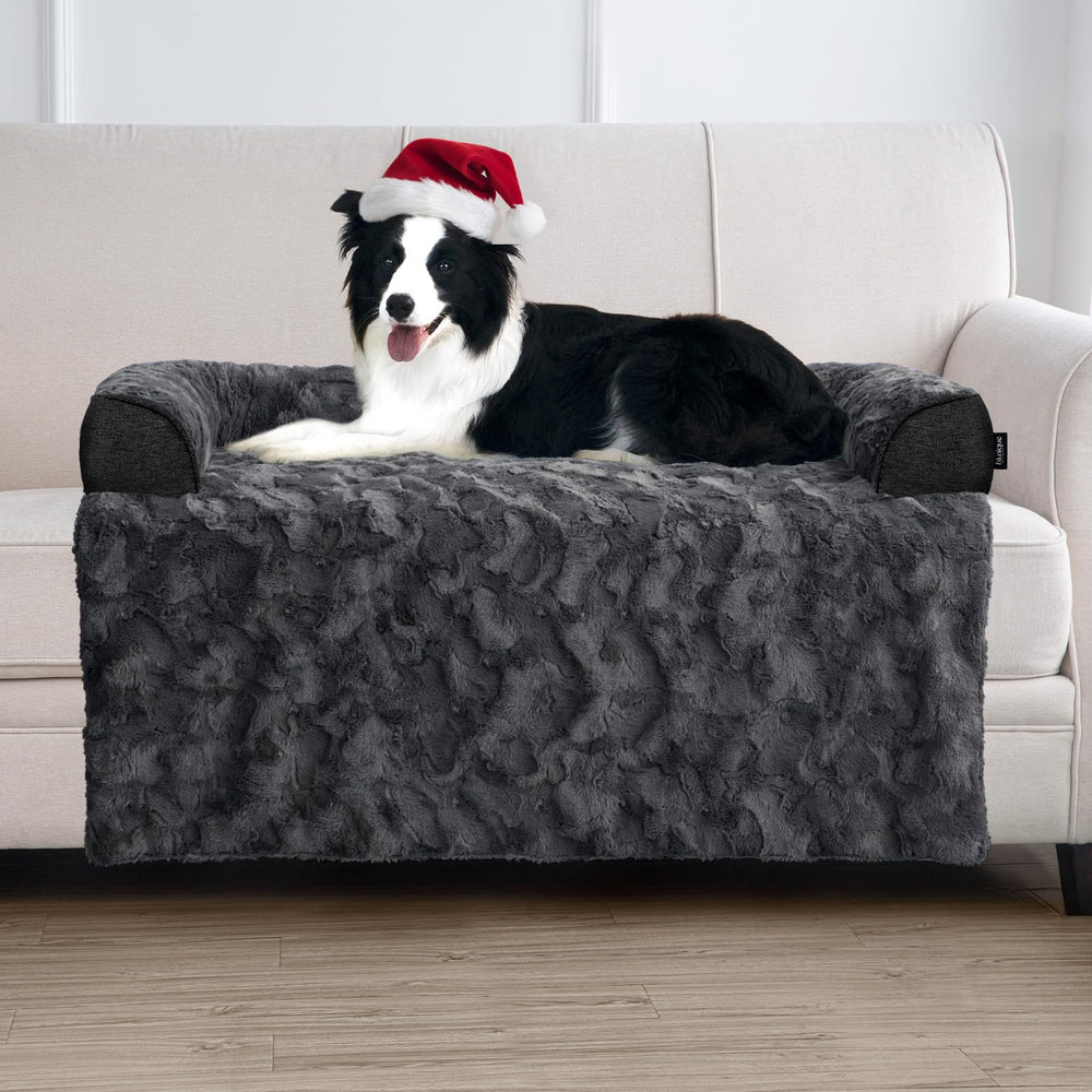 blunique calming dog bed left view with plush faux fur for cozy couch lounging