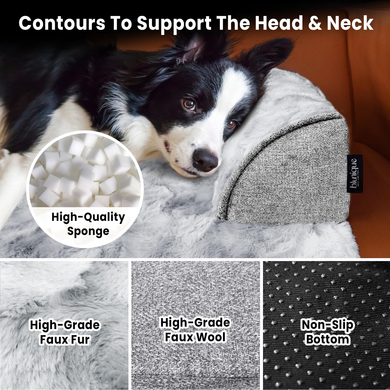 blunique large dog bed neck support closeup illustrates three-sided wrap for security