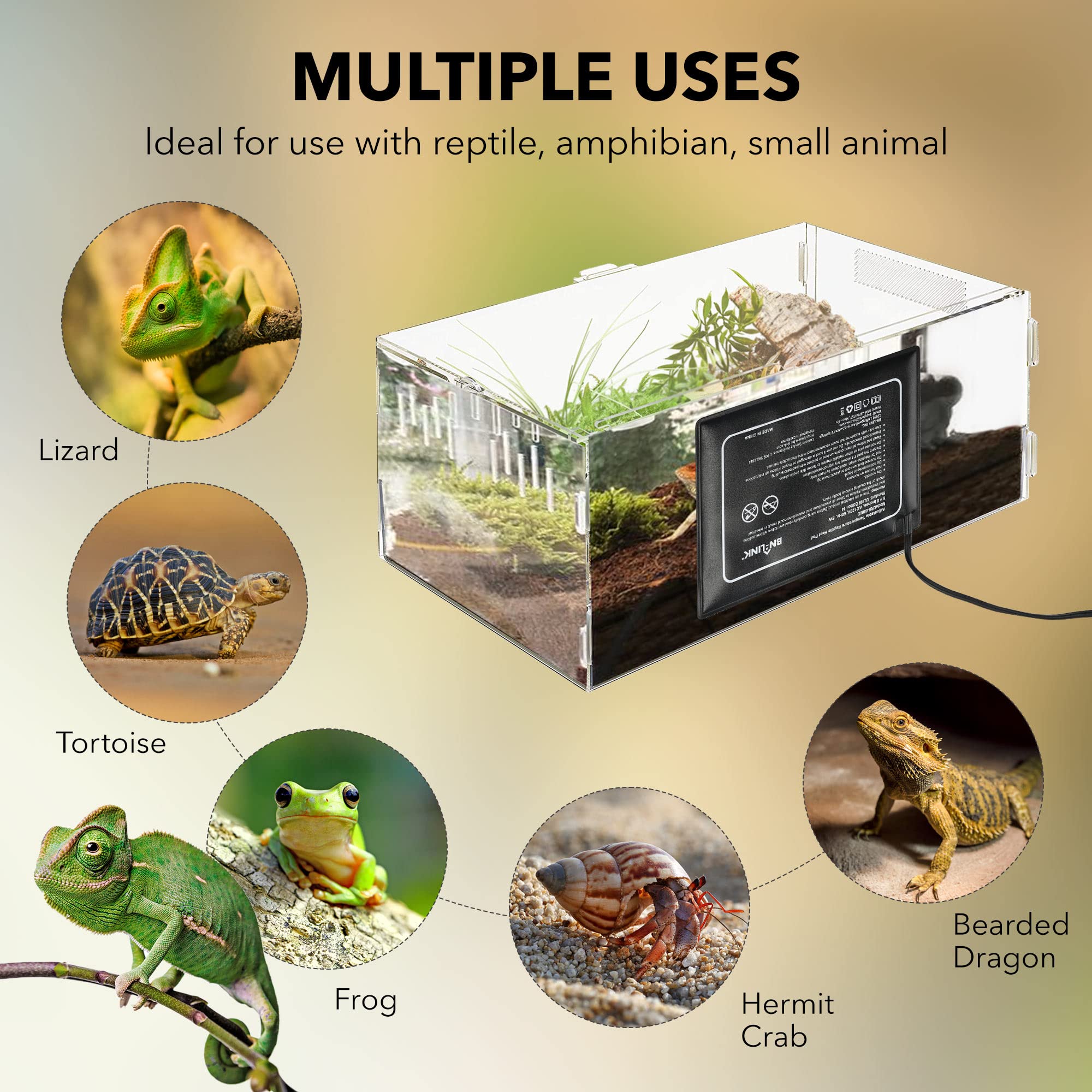 BN-LINK reptile heating pad in use under tank for consistent warmth