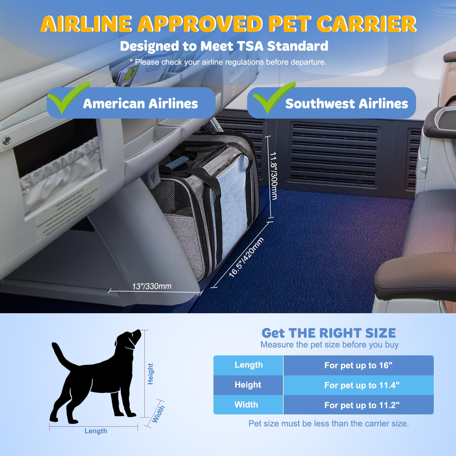 BNISE expandable sidewalls show extra room for pets during flights.