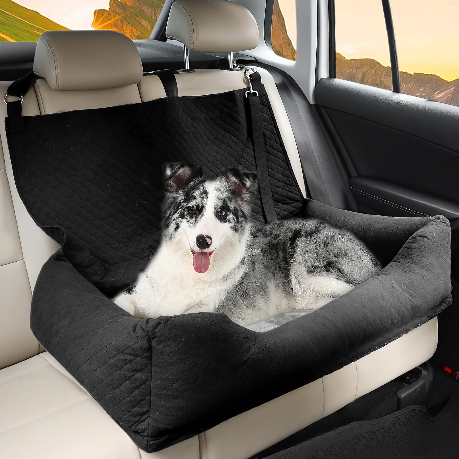 Bnonya dog car seat front view shows secure fit and cozy padding for safe travels.