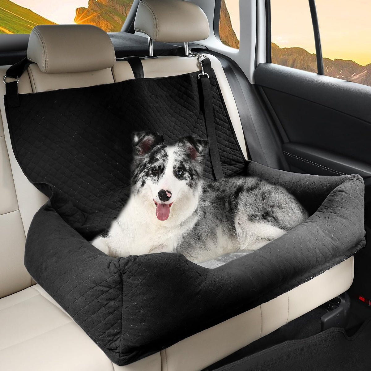 Bnonya dog car seat front view shows secure fit and cozy padding for safe travels.