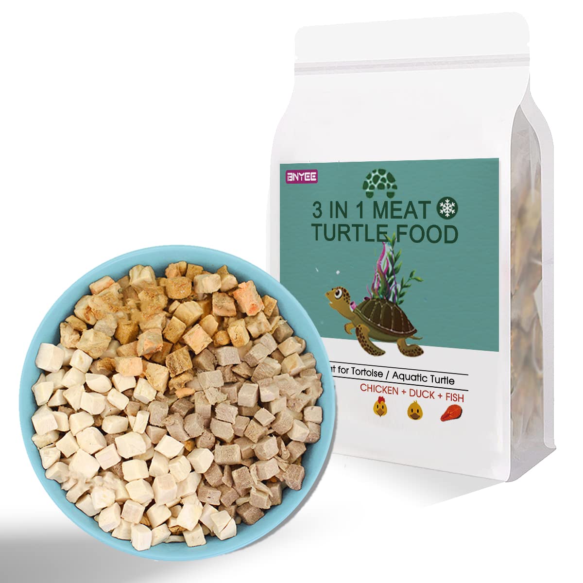 BNYEE 3in-1 Turtle Treats bag-front highlights protein-rich snack for turtles.