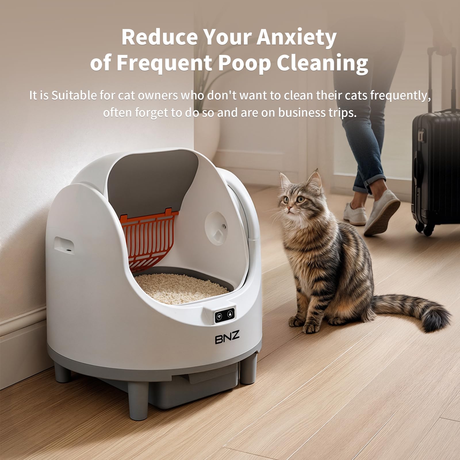 BNZ weight-sensing safety design highlighting automatic stop when cat enters for worry-free use.