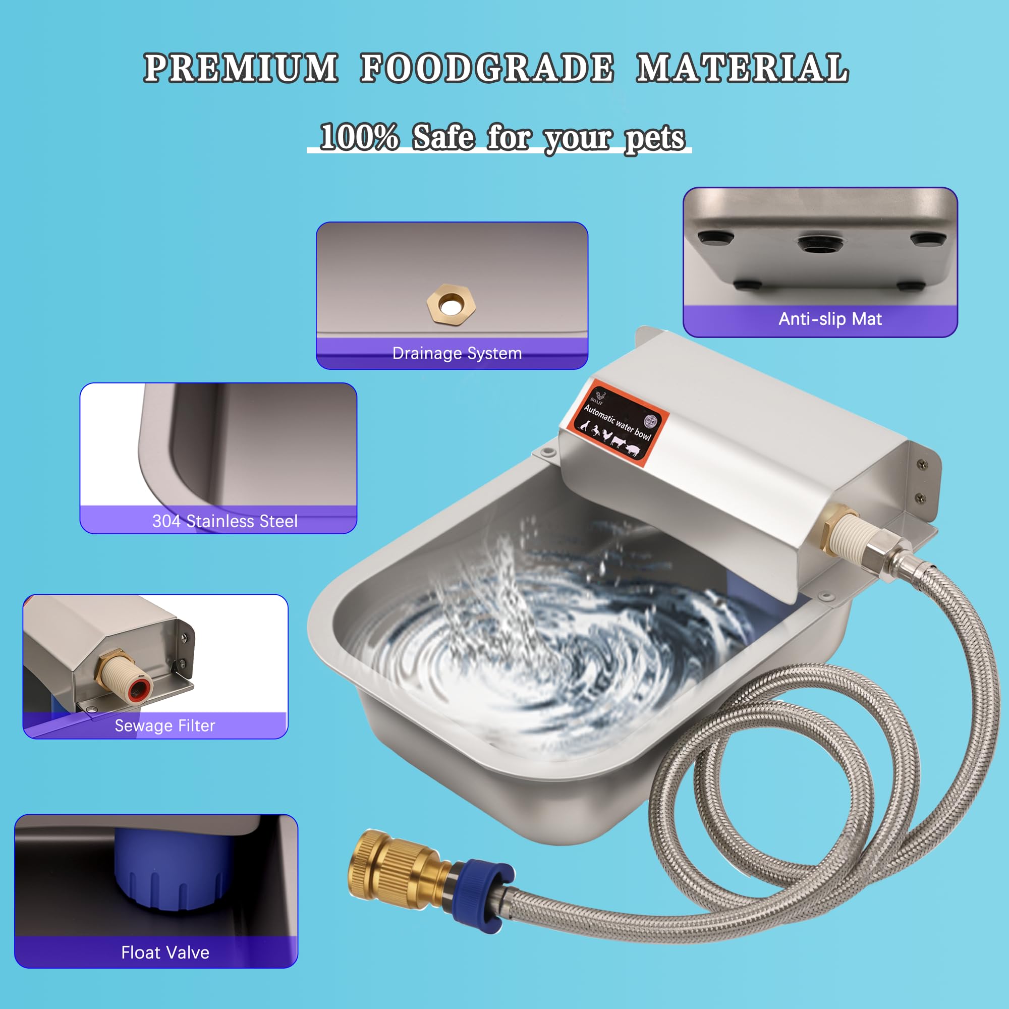 Boajf hose quick connector enables easy attachment to water sources.