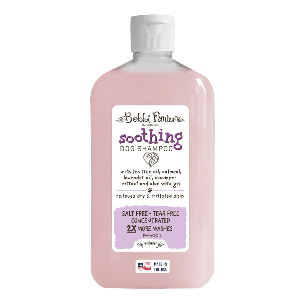 Bobbi Panter soothing dog shampoo bottle showing gentle cleansing for irritated skin