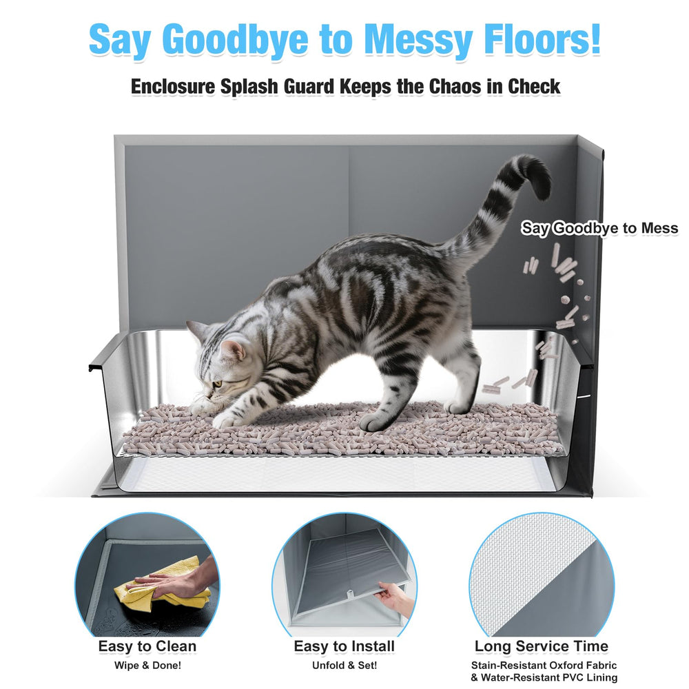 Bobbie & Laxi wrap-around splash guard blocks litter spray and leaks.