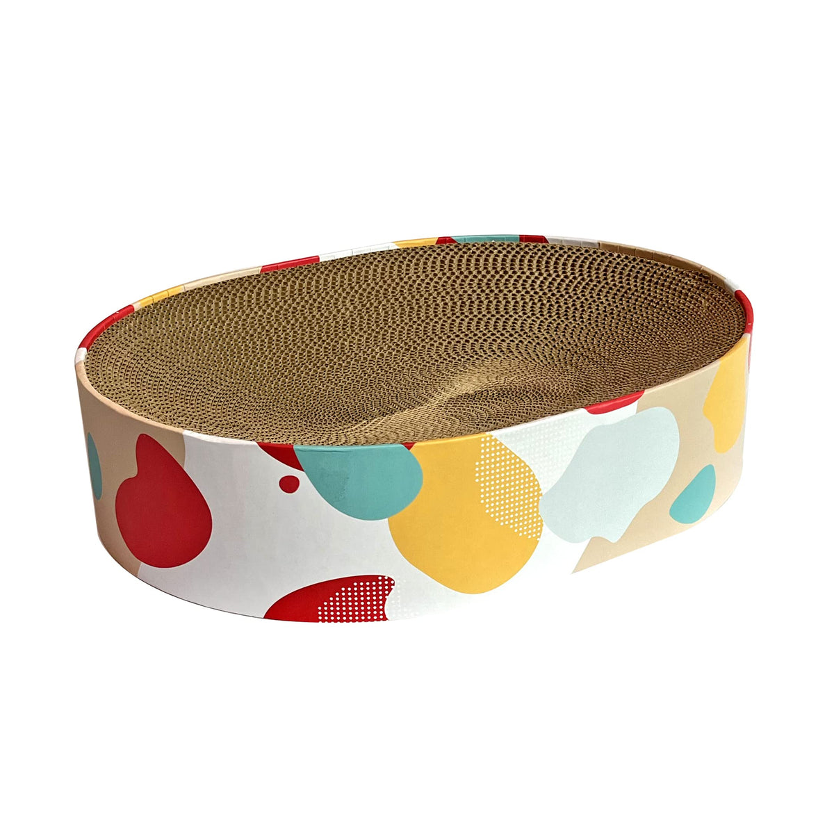 BobbyPet Cat Scratcher Lounge Bed front view shows ergonomic oval shape for relaxed lounging.