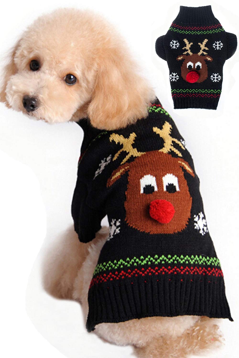 BOBIBI dog sweater front view for festive warmth and reindeer design