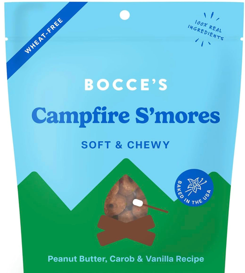 Bocce's Bakery Campfire S’mores dog treats in a bag, soft texture ideal for training rewards.