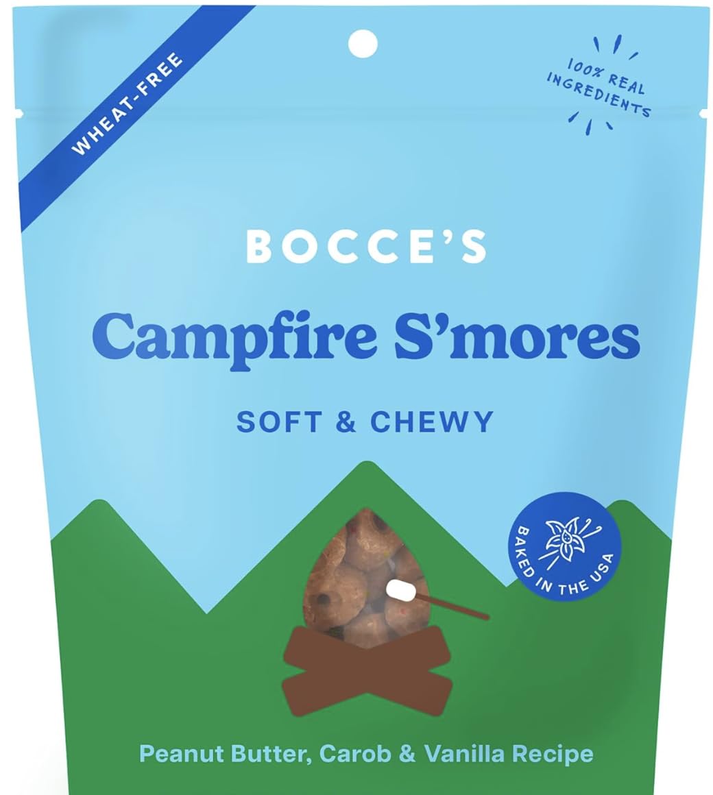 Bocce's Bakery Campfire S’mores dog treats in a bag, soft texture ideal for training rewards.
