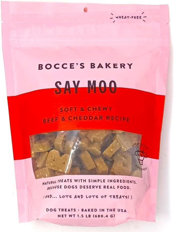 Bocce's Bakery Say Moo dog treats—soft and chewy beef and cheddar for training rewards.