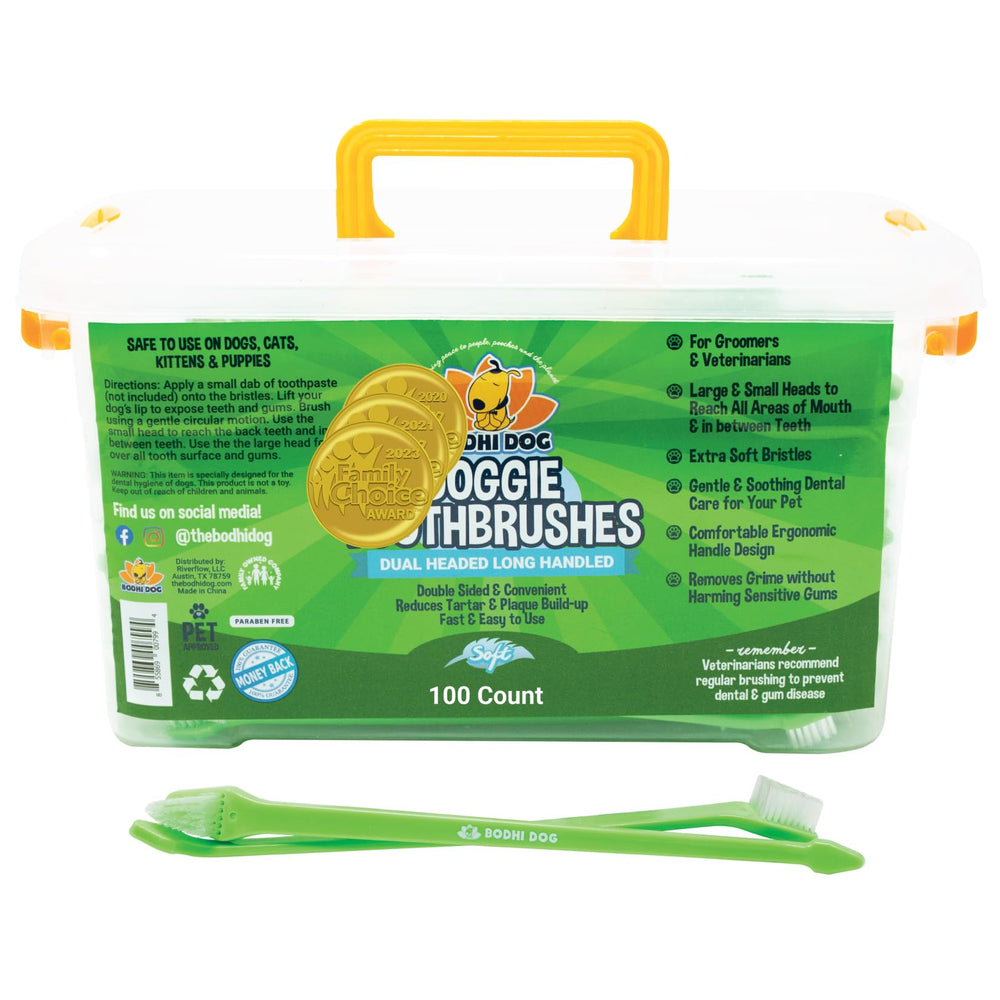 Bodhi Dog dual-headed toothbrush front view enables easy, gentle brushing.