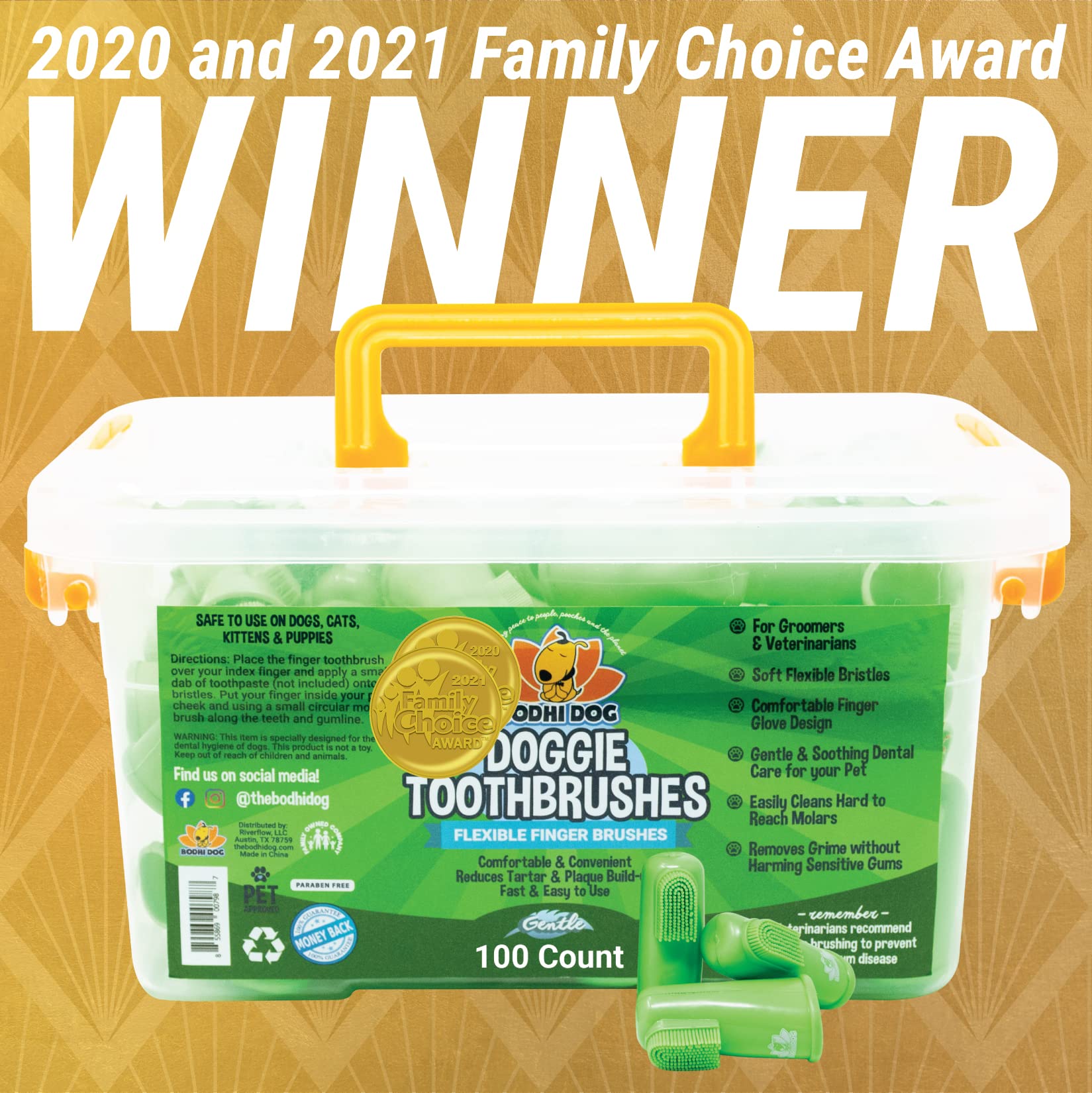 Bodhi Dog finger brush on finger demonstrates gentle, noninvasive cleaning for sensitive gums.
