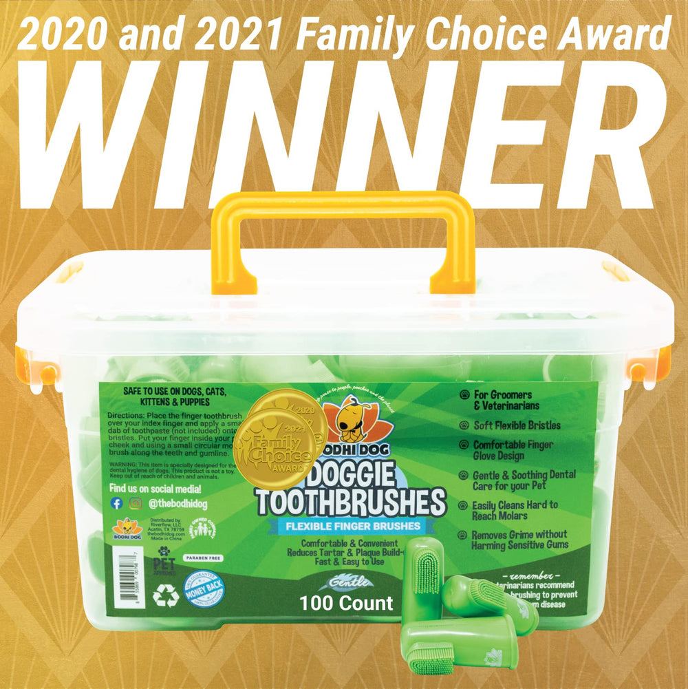 Bodhi Dog finger brush on finger demonstrates gentle, noninvasive cleaning for sensitive gums.