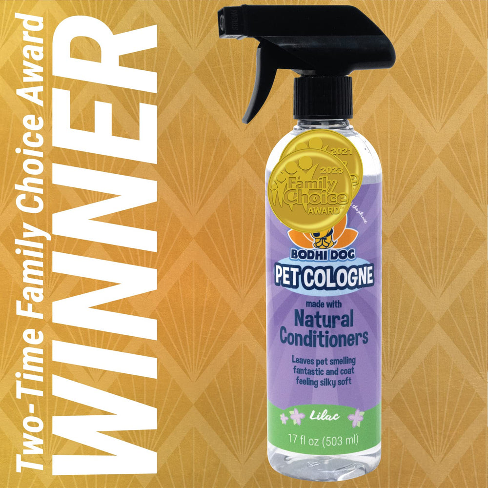 Bodhi Dog Lilac spray in hand for easy grooming touch-ups.