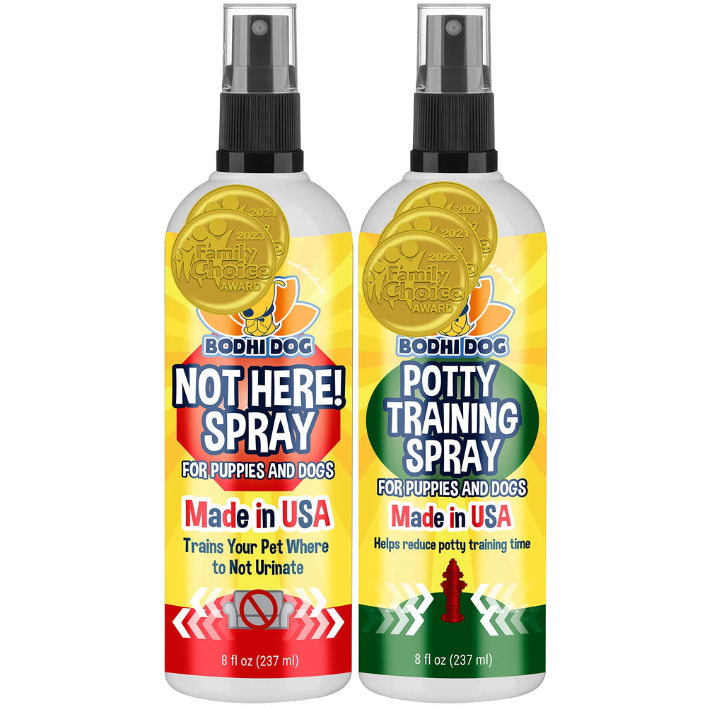 Bodhi Dog Not Here! Spray bottle closeup helps deter unwanted urination during housebreaking.