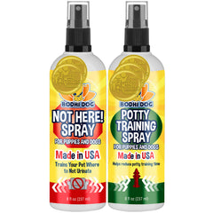 Bodhi Dog Not Here! Spray bottle closeup helps deter unwanted urination during housebreaking.