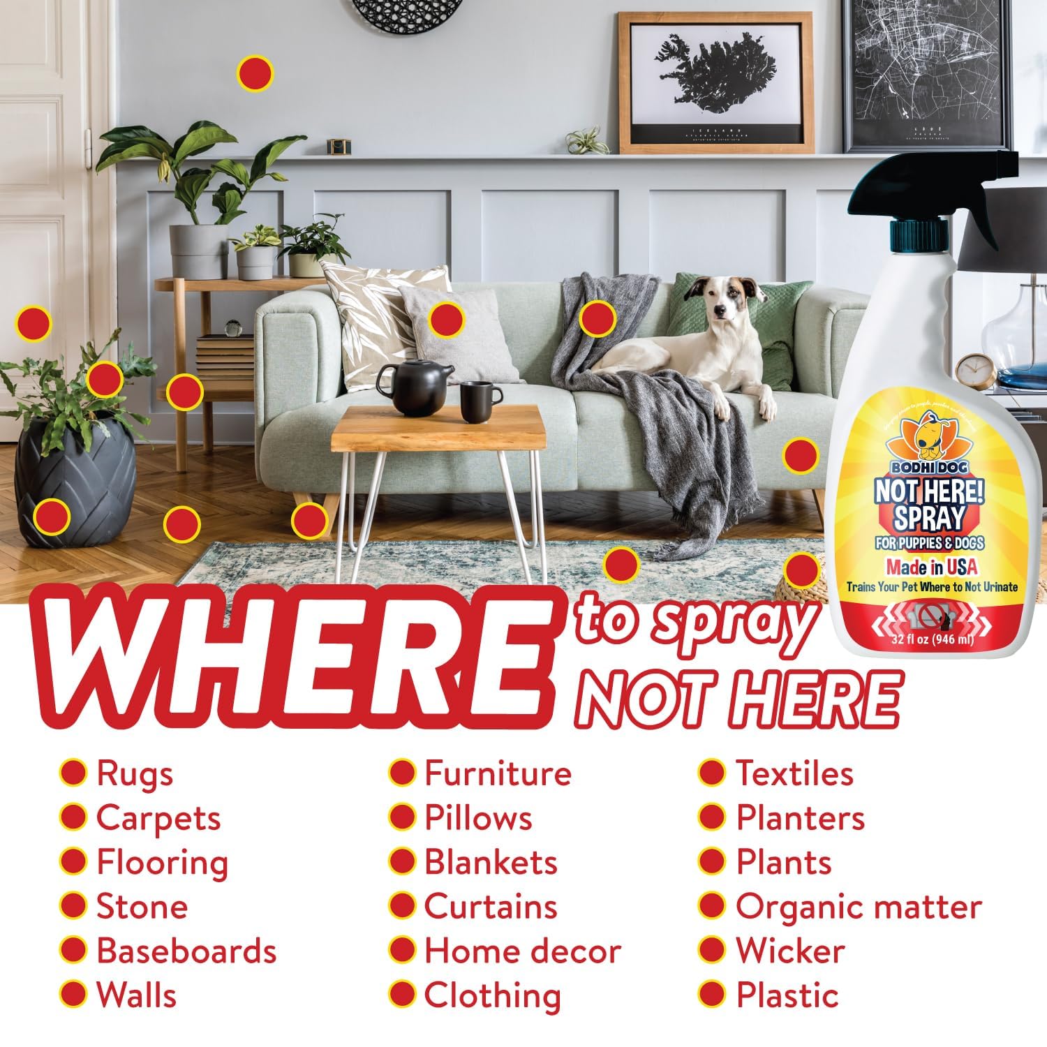 Bodhi Dog Not Here! Spray on fabrics shows safe, low-odor deterrent for furniture.