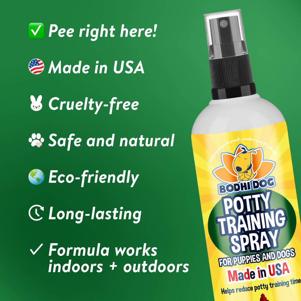 Bodhi Dog Not Here! Spray used in a home training scenario for positive routines.