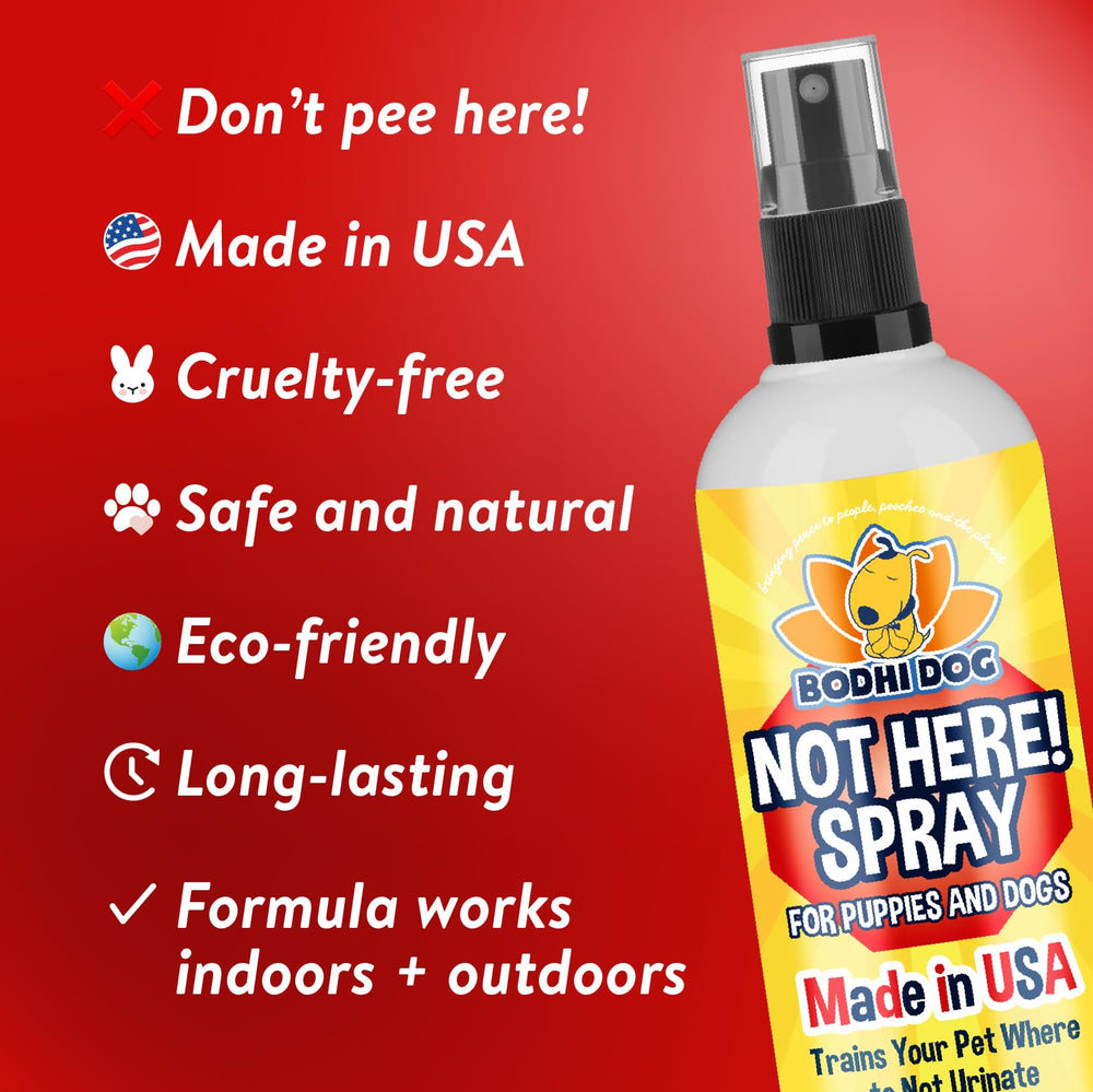 Bodhi Dog Not Here! Spray shown with puppy pads for potty training.